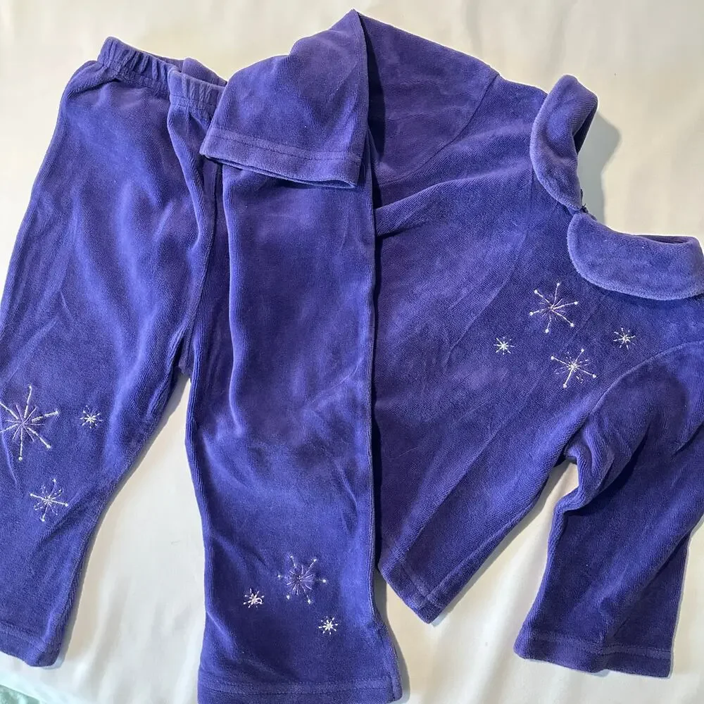 Vintage 90s Purple Velour Peter Pan Collar Snowflake Winter Sweatsuit Set Sz 12m
